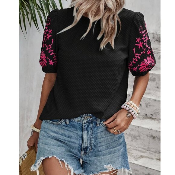 Embroidered Puff Sleeve Blouse Floral Round Neck Casual Chic Black With Fuchsia - Picture 4 of 5